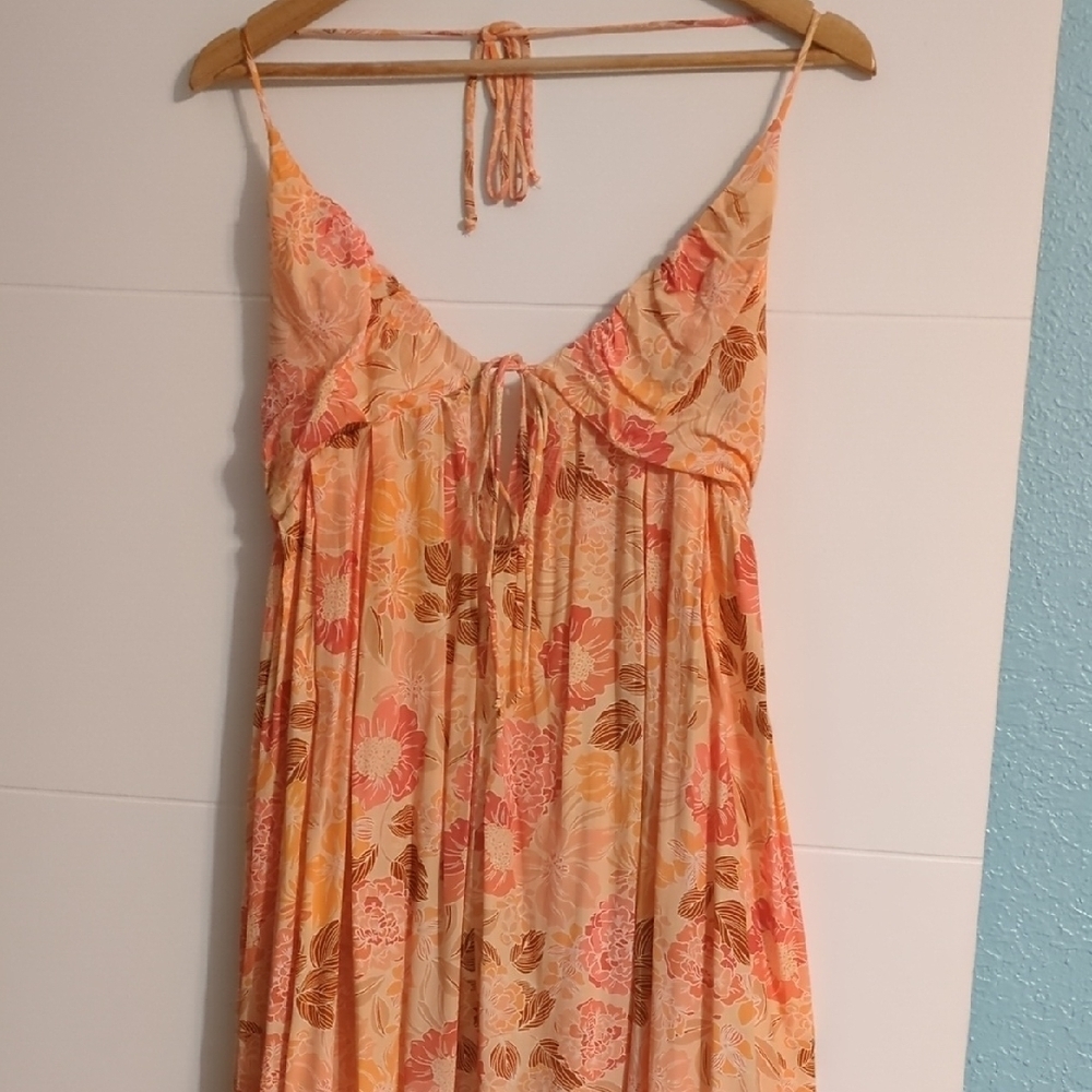 Olivaceous Floral Peachy Stappy Maxi Summer Dress Sz L Resort Wear Vacation